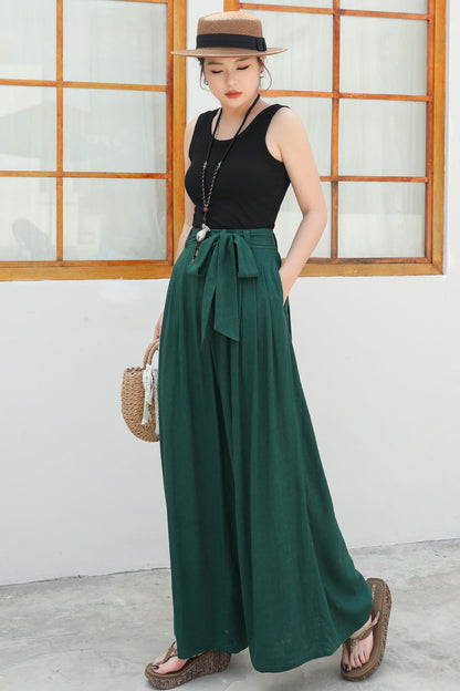 Wide leg green linen pants c4836