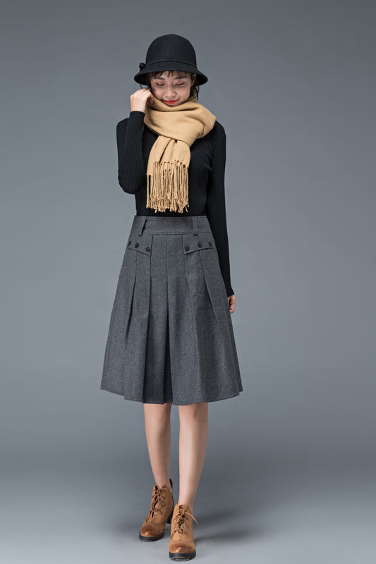 Knee length gray winter wool skirt C1195
