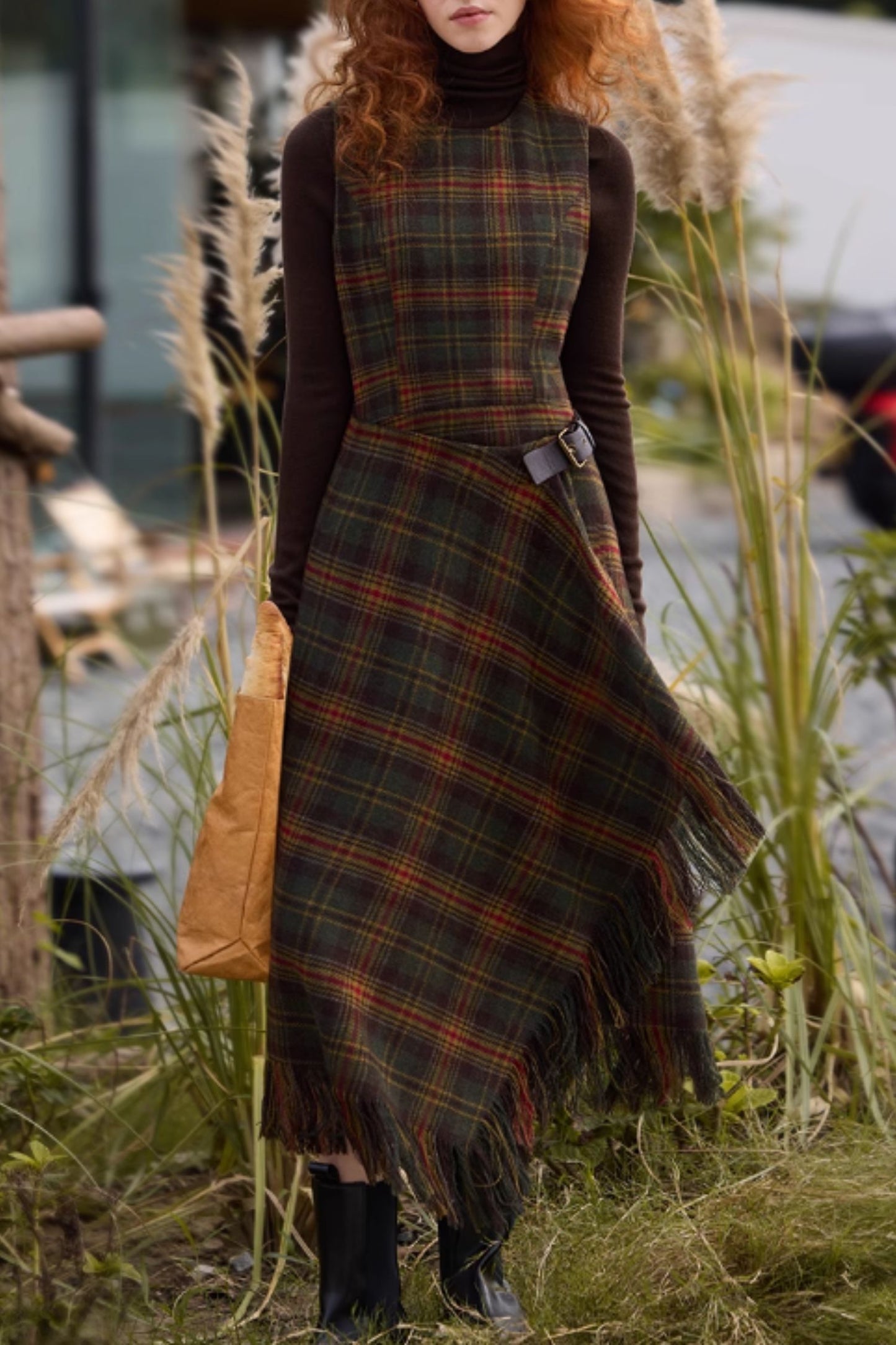 Sleeveless winter plaid wool dress women C5297