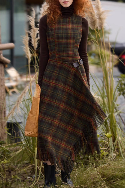 Sleeveless winter plaid wool dress women C5297