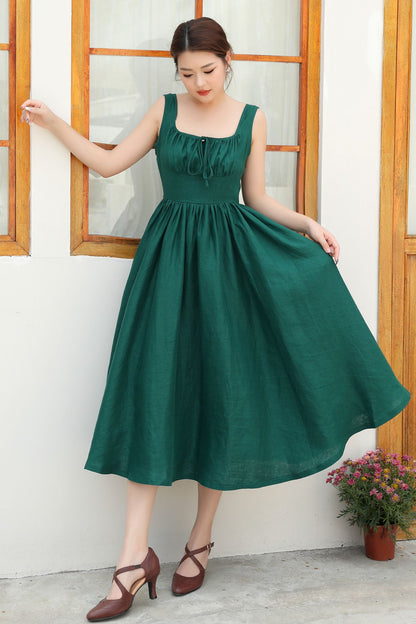 Flattering High-Waisted Green Linen Pinafore Dress c4838