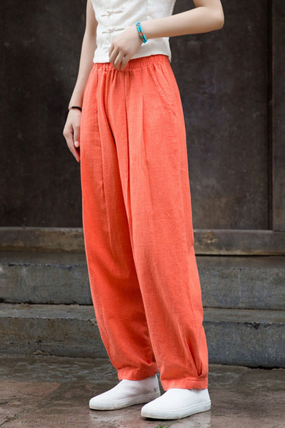Orange Cotton Linen Lantern Pants - High Waist Wide Leg Comfort L0611
