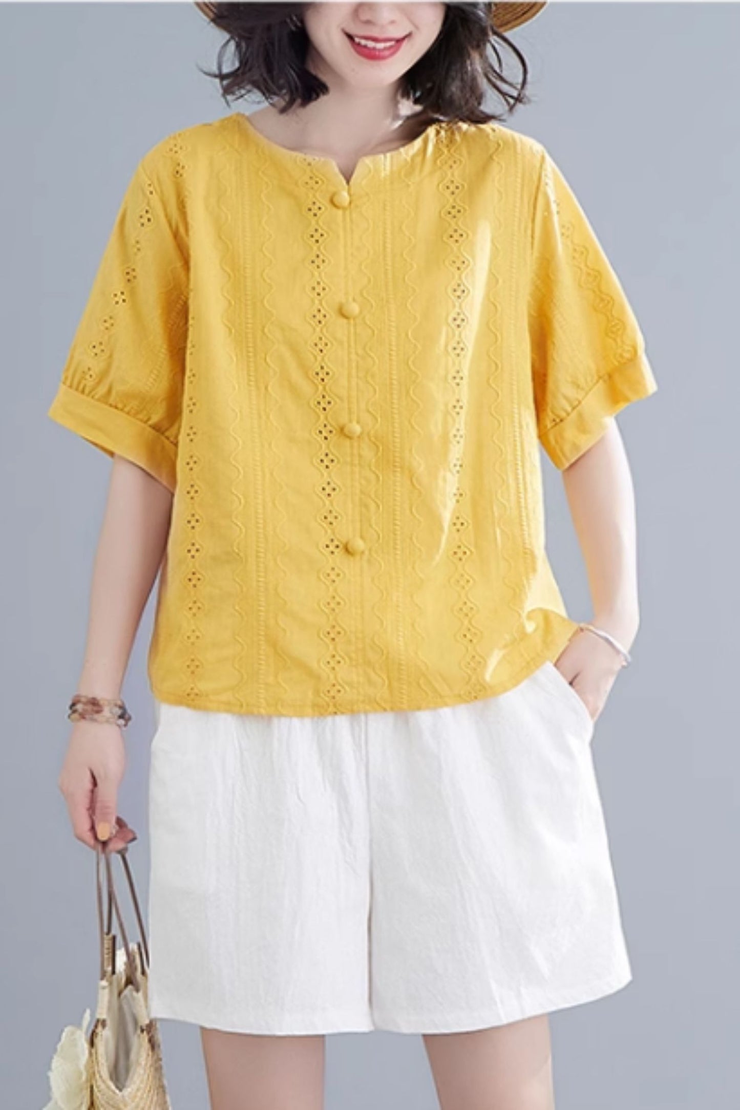 Button front embroidery blouse top C5047
