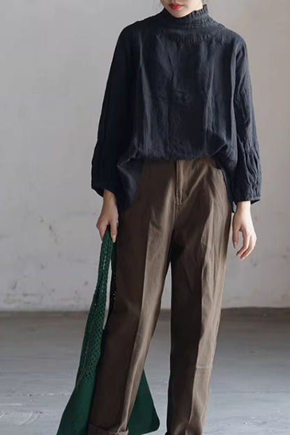 loose fitting linen blouse with ruffle details C5433