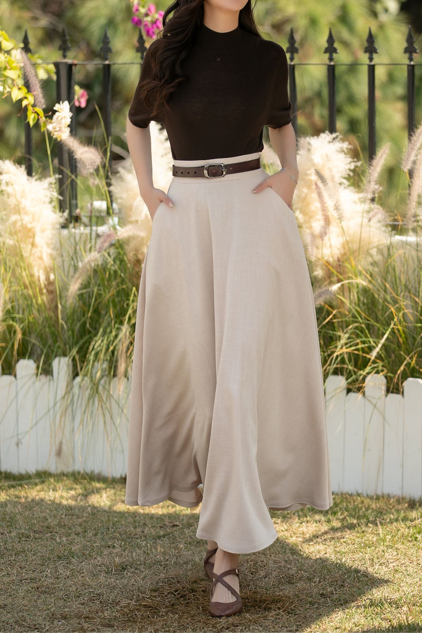 Beige Linen Cotton Maxi Skirt: High Waisted A-Line Summer Skirt, Ylistyle C5443