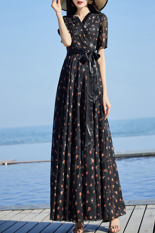 Black floral chiffon dress C4086