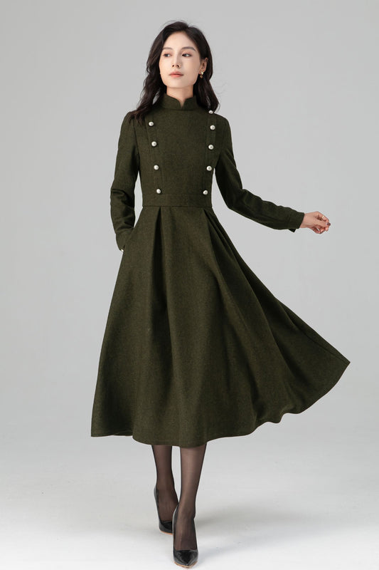 Military-Inspired Long Sleeve Wool Dress C5195