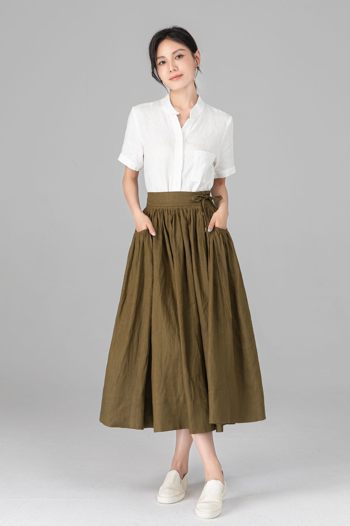 Olive Green Linen Midi Skirt - High Waisted A-Line with Pleats C5522