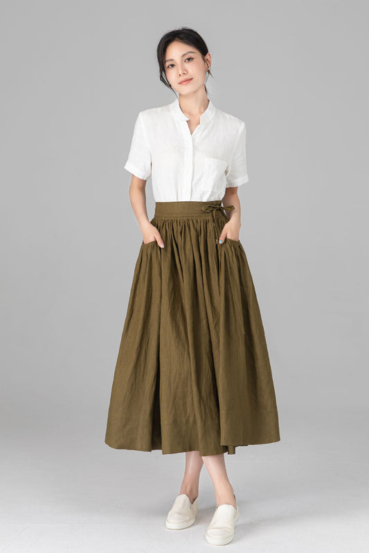 High Waisted Linen Midi Skirt, Olive Green A-Line Long Skirt, French Vintage Pleated Skirt C5522