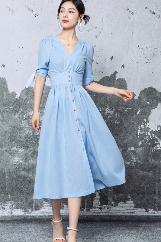 Blue Linen Midi Dress - French Minimalist Button Front Cottagecore, Ylistyle C5474