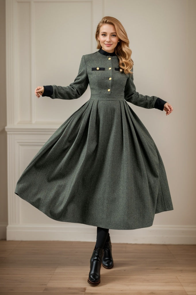 Button front army green winter wool dress C4441