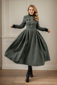 Button front army green winter wool dress C4441