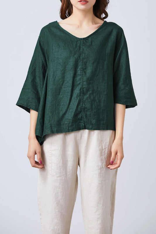 Women's Casual Green Linen Tops C1701