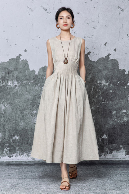 Natural Linen Maxi Dress - Sleeveless A-Line with Smocked Waist c5468