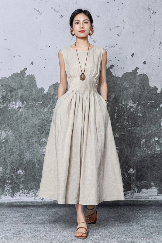 Natural Linen Maxi Dress: Sleeveless A-Line Dress with Pockets, Ylistyle C5468