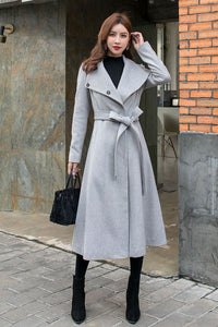 Grey Long Wool Wrap Coat Women C2575