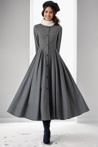 Gray Wool Women Pleated Winter Dresses C4012