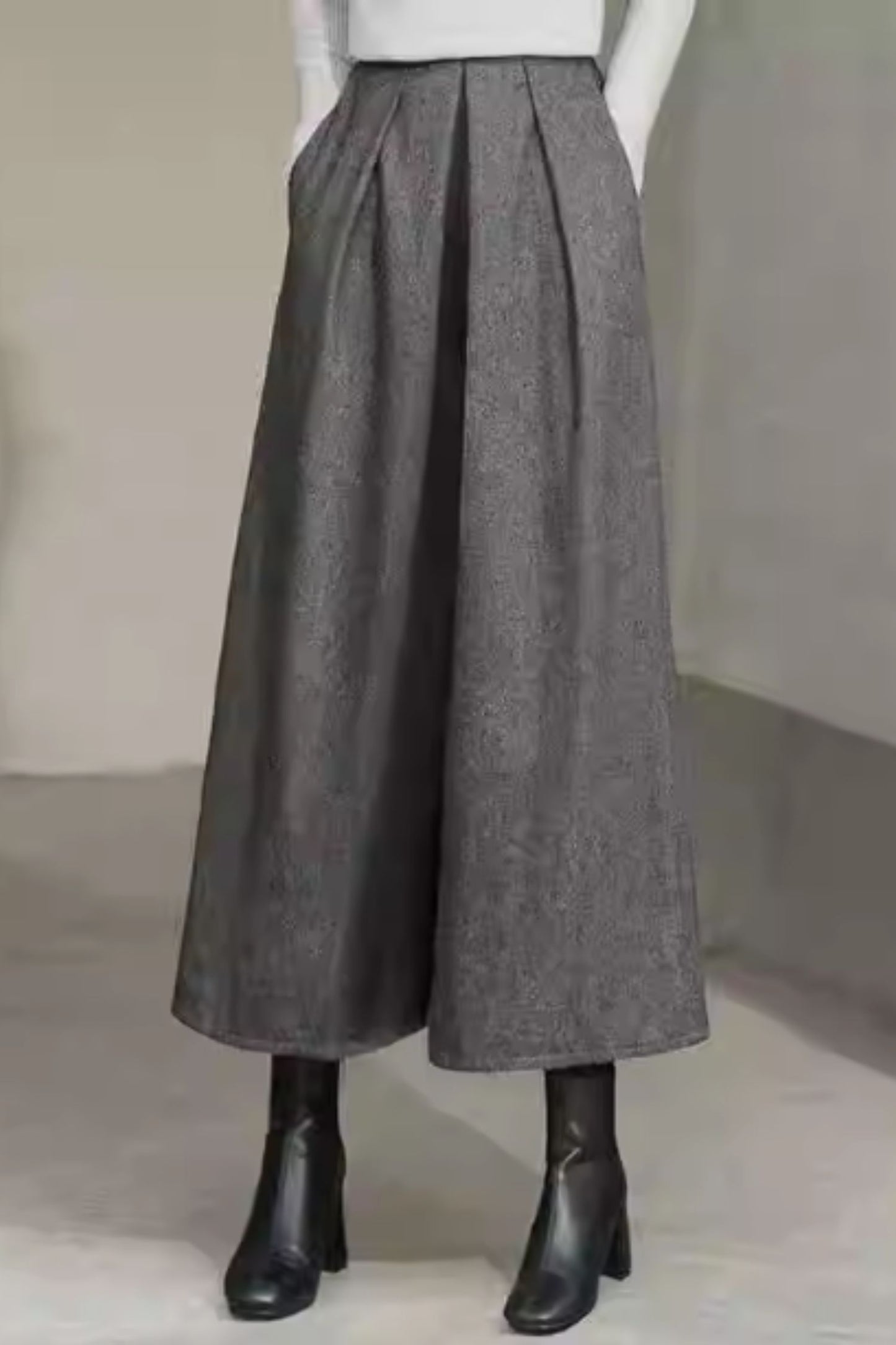 Wide leg midi gray wool pants women C5349