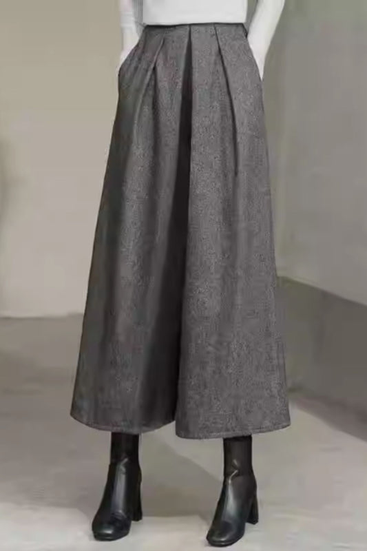 Wide leg midi gray wool pants women C5349