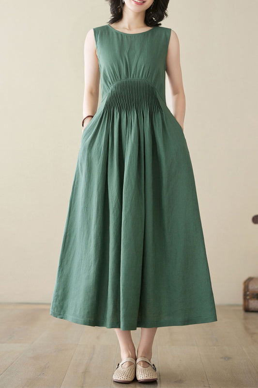 sleeveless Green maxi linen dress C3952