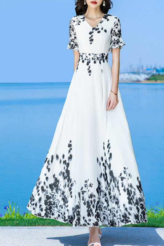 White women chiffon floral V-neck dress C3994