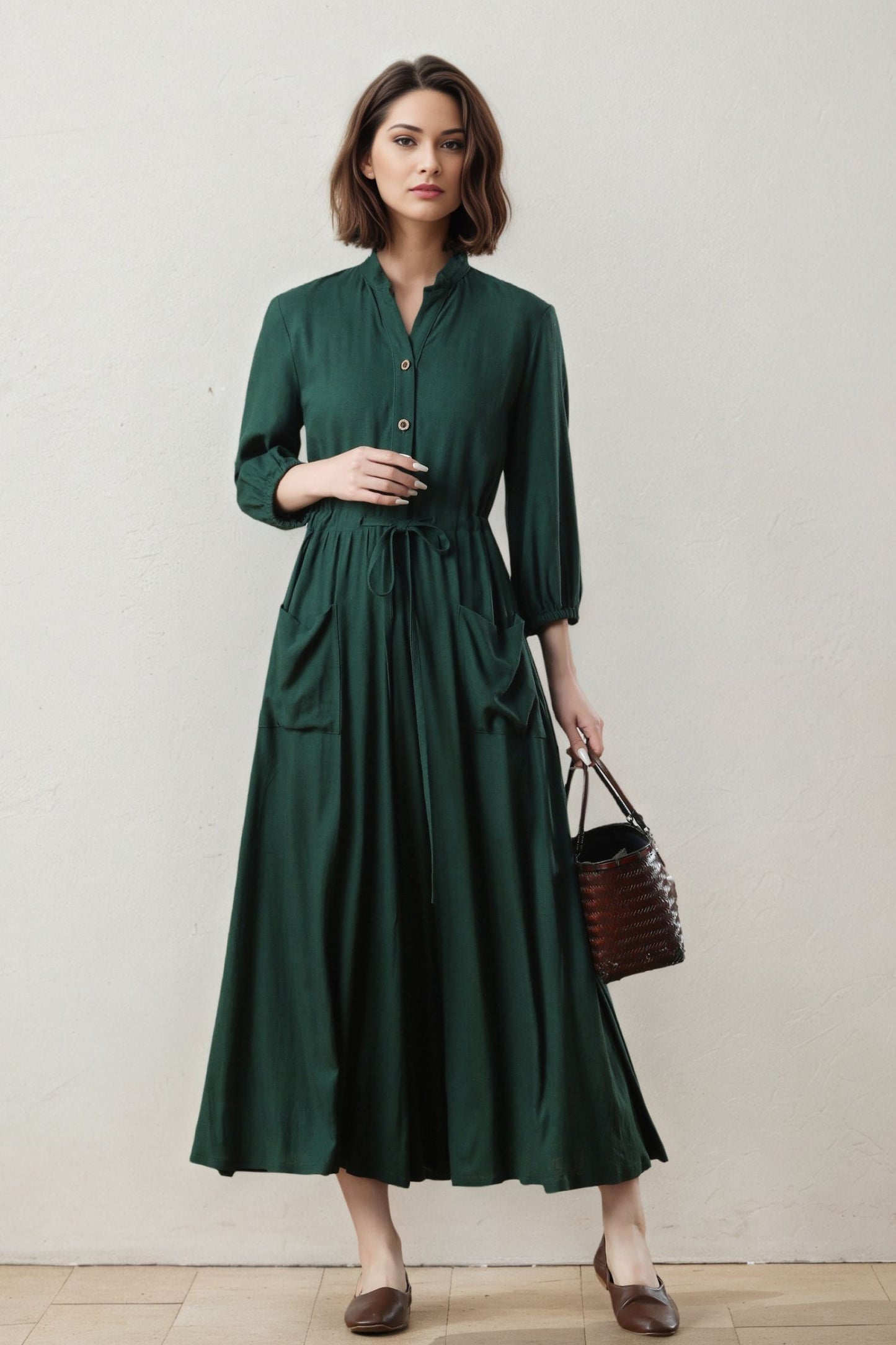 Green Linen Maxi Dress - Button-Up with Drawstring Waist c5401