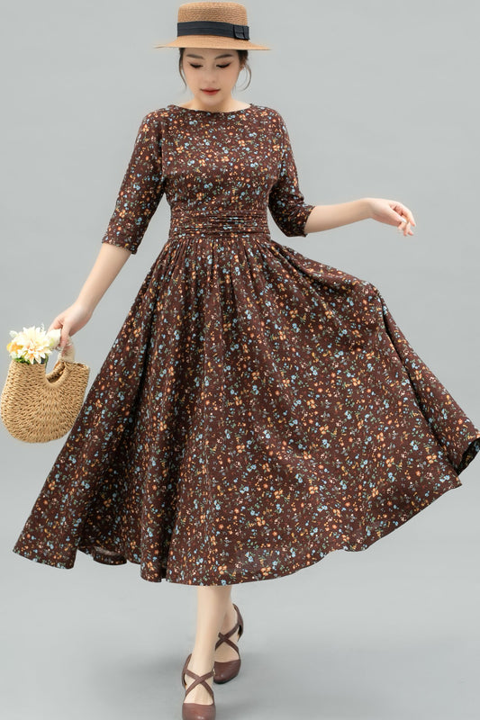 Vintage Inspired Floral Linen Midi Dress C4745