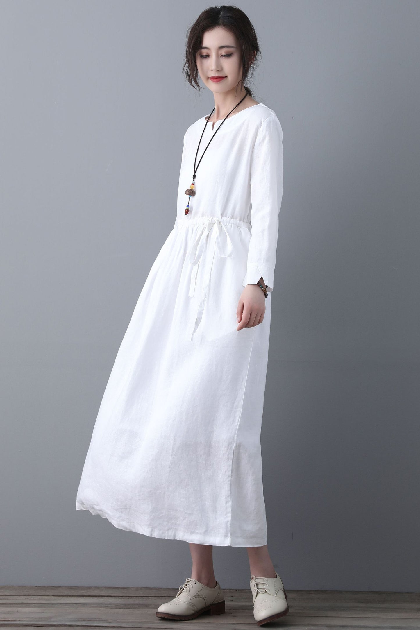 White Linen Casual Long Sleeve Drawstring Waist Dress C4617