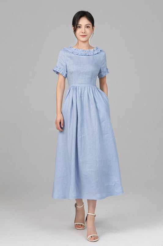 Women Pure Linen Ruffle Dress: Short Sleeve A line Fitted Dress, Ylistyle C5518