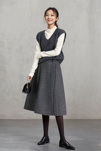 Gray midi winter wool skirt women C4456