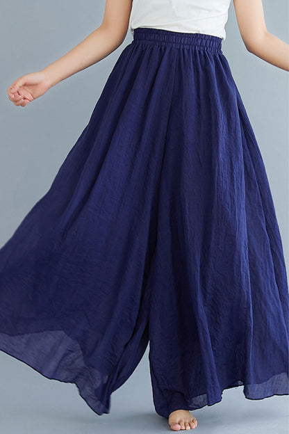 Dark Blue Cotton Linen Wide-Leg Pants - Elastic Waist, Lined TT0053