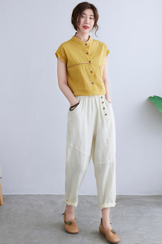 White Linen Casual Cropped Elastic Waist Pants C2294