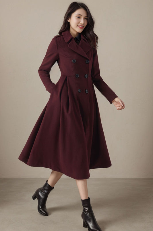 Long Swing Princess Burgundy Wool Coat C4411