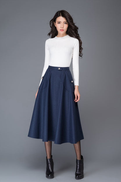 High waist blue midi winter wool skirt C1007
