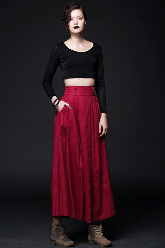 Red Linen Long Maxi Womens Skirt C493