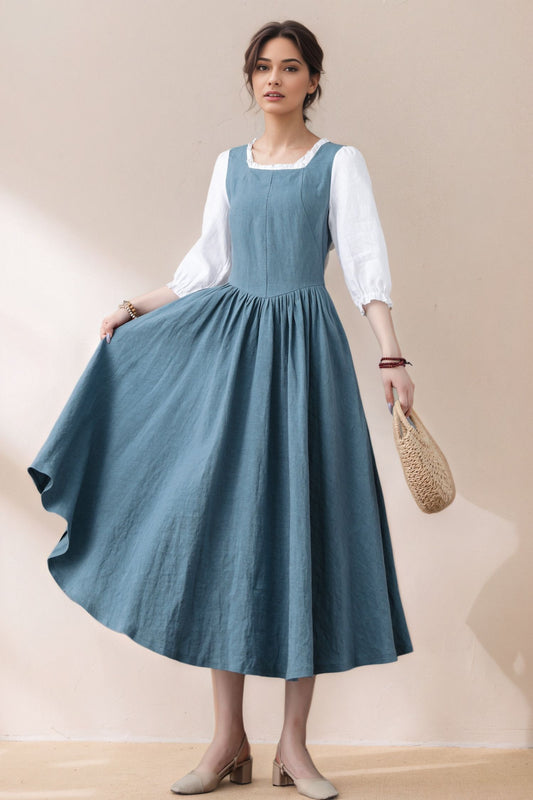 Handmade Pleated Swing Midi Linen Dress C5386