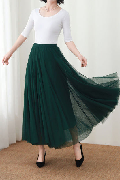 Dark Green Maxi Skirt: High Waist A-Line Long Tulle Skirt, Ylistyle C5448