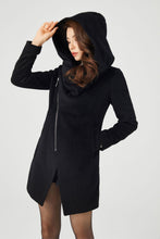 Load image into Gallery viewer, Black Hooded Asymmetrical Wool Coat C3680
