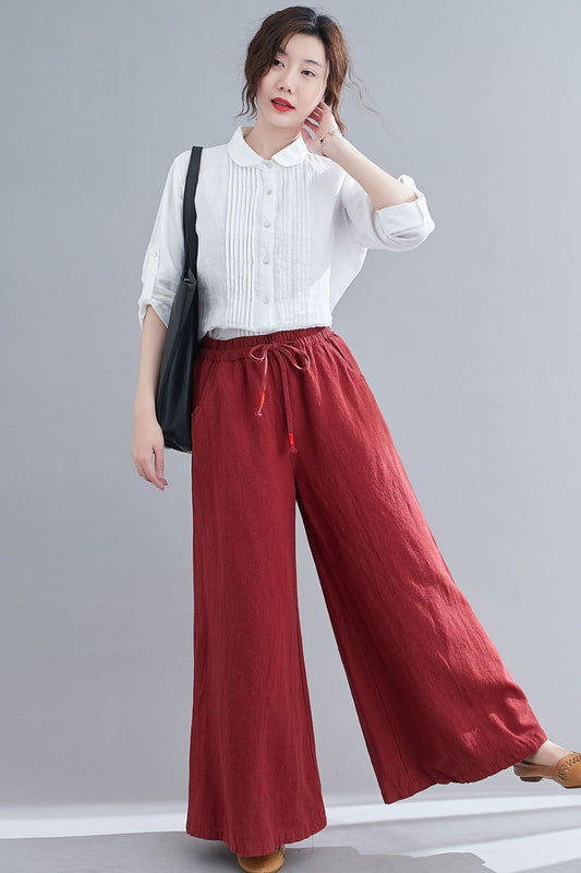 Red Elastic Waist High Waist Linen Pants C1865