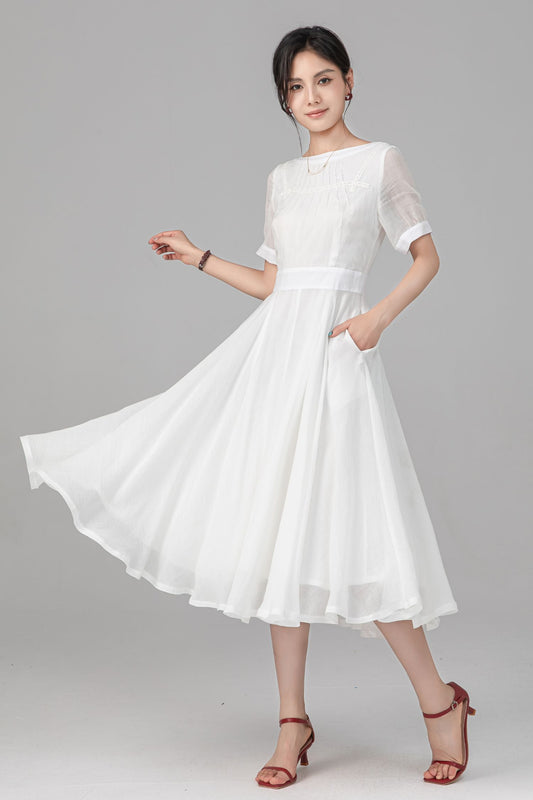 Vintage style White Bridesmaid Midi Dress: Boat Neck Short Sleeve A-Line Dress, Ylistyle C5524