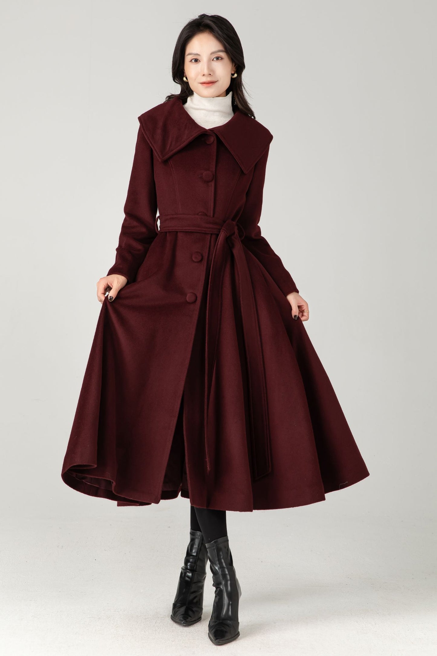 Burgundy Wool Blend Midi Coat: Belted Winter Swing Coat C5337