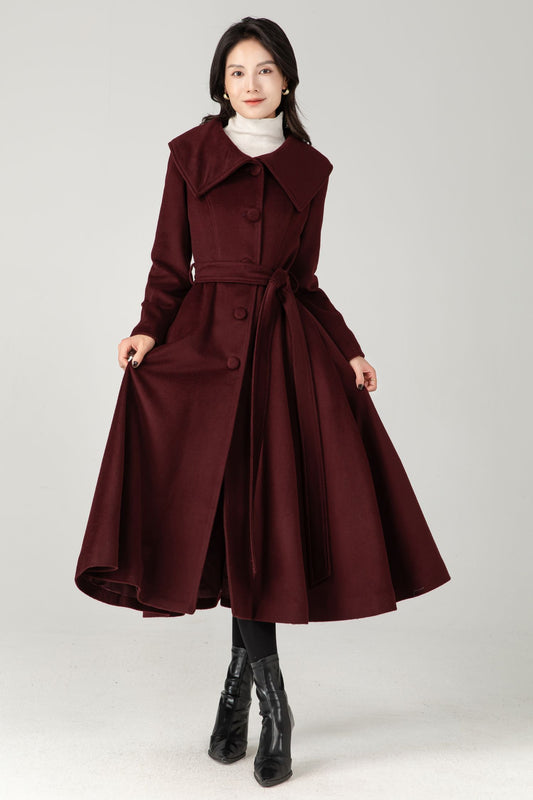 Burgundy Wool Blend Midi Coat: Belted Winter Swing Coat C5337