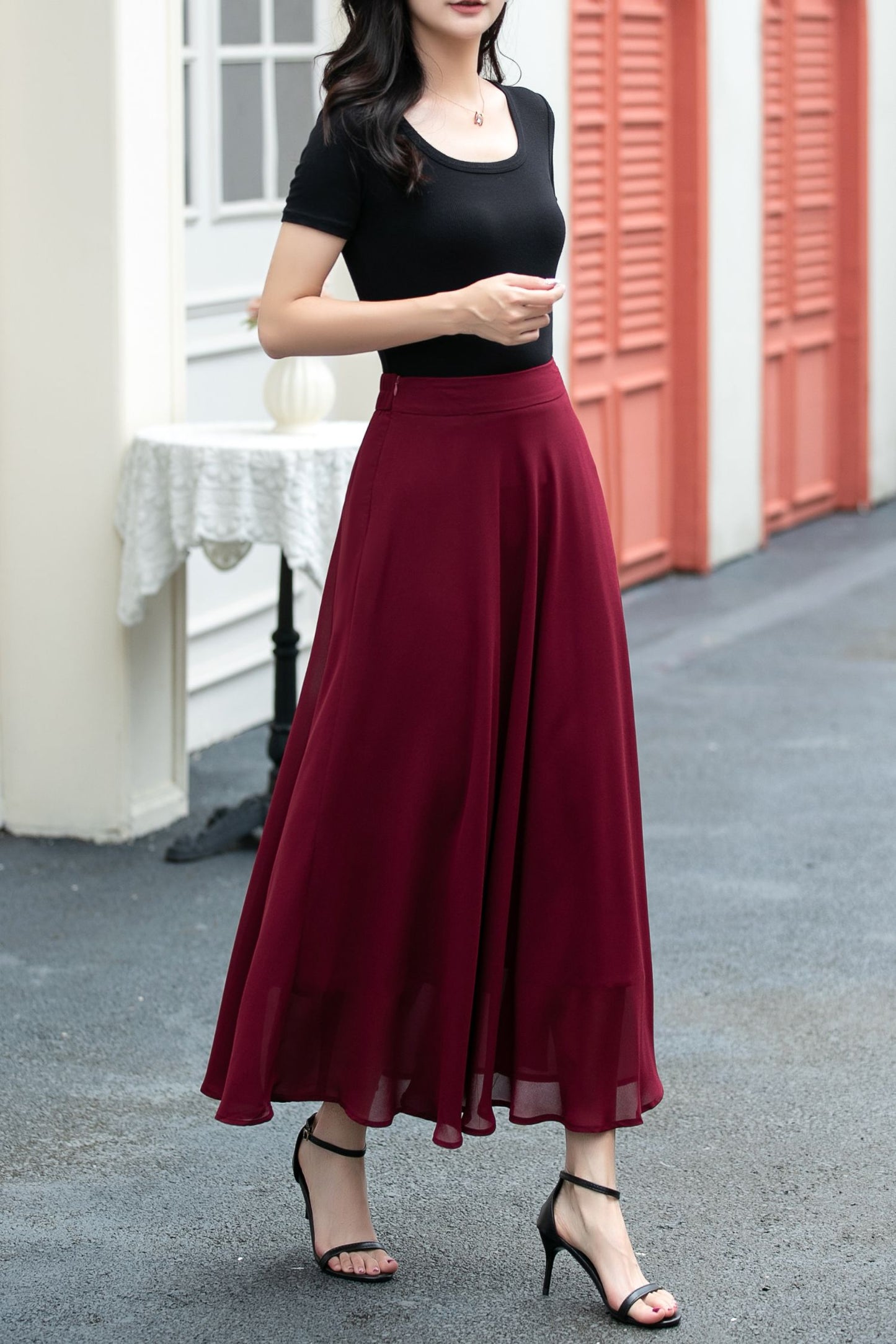A line high waist long chiffon skirt C5037