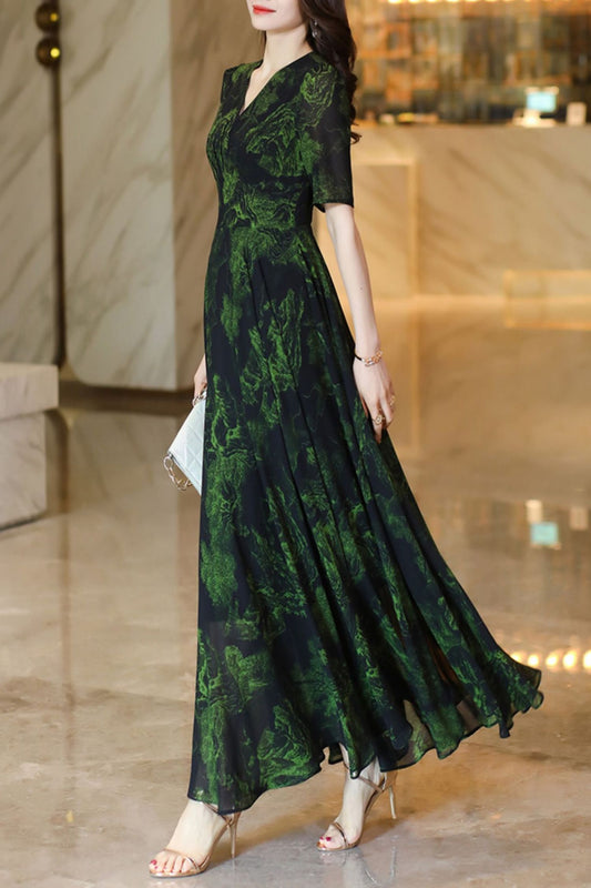 Dark green chiffon printed dress women summer C4122