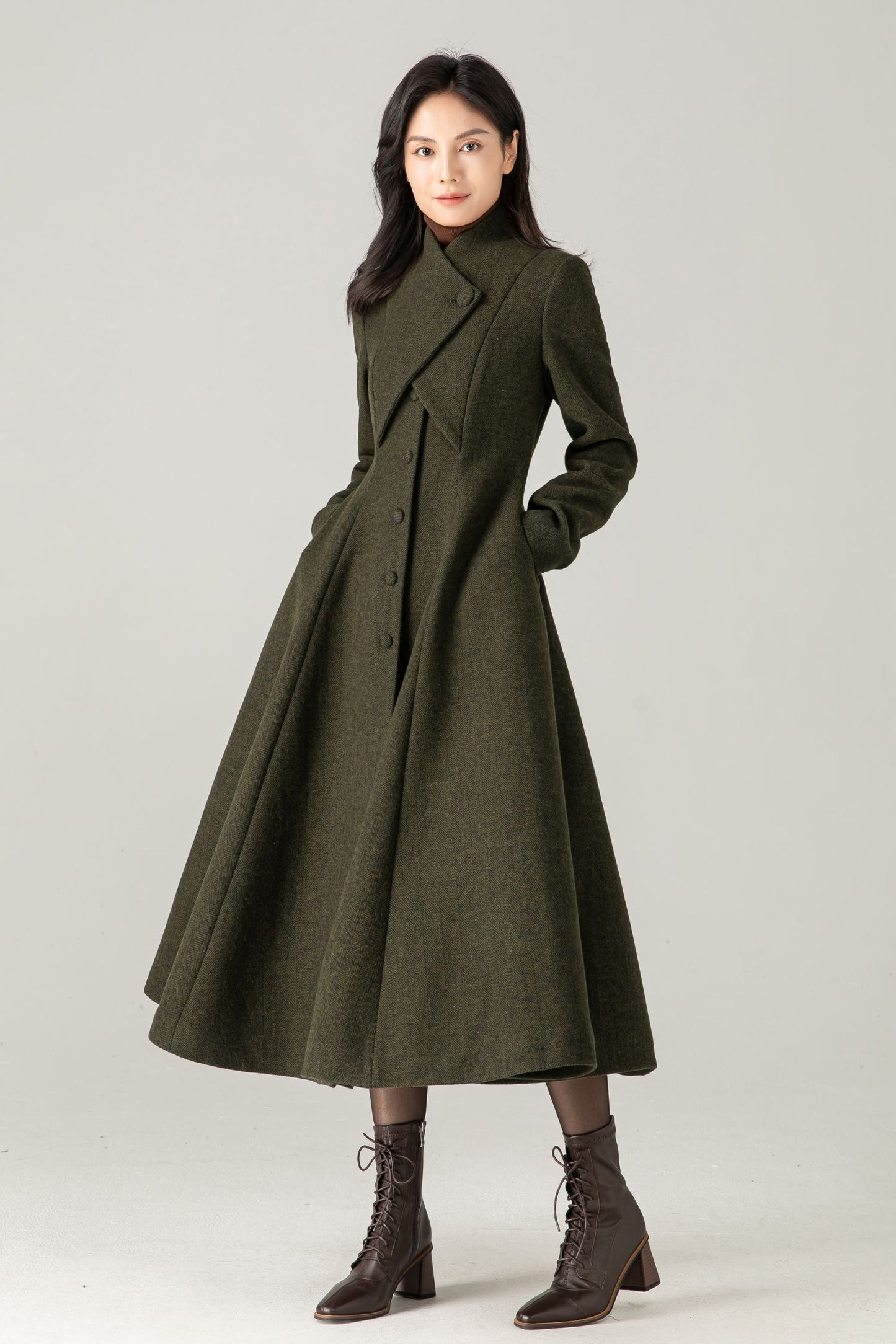 Olive Green Wool Blend Maxi Coat - Fit and Flare with Asymmetric Collar 5373