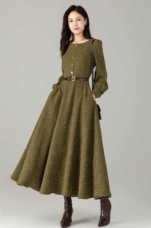 Olive Tweed Wool Maxi Dress — Vintage Button‑Front A‑Line with Pockets C5243
