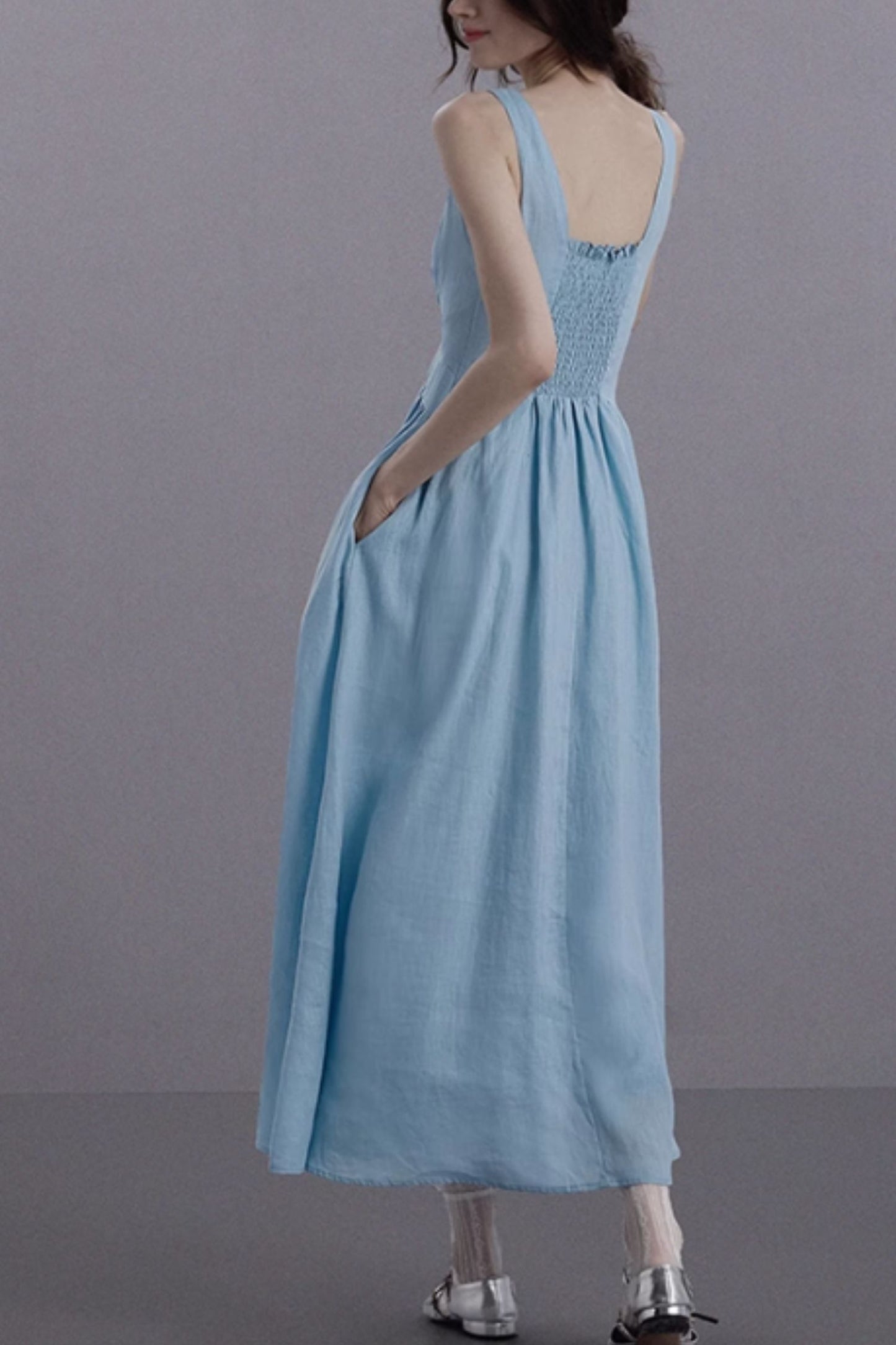 Blue elegant summer sleeveless linen dress C5061