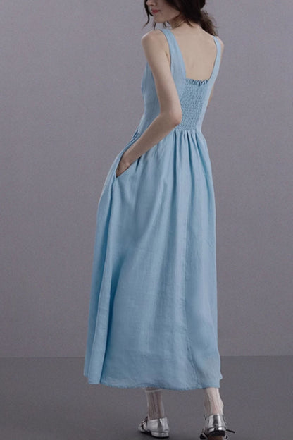Blue elegant summer sleeveless linen dress C5061
