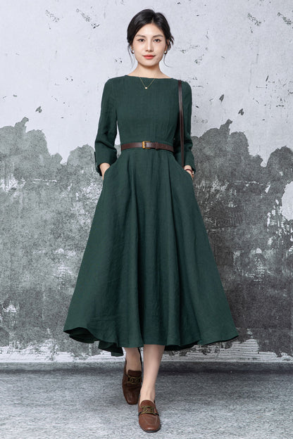 Dark Green Linen Midi Dress - Fit & Flare A-Line with Pockets c5460