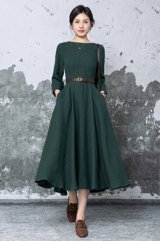 Dark Green Linen Midi Dress: 3/4 Sleeve Fit & Flare Dress with Pockets, Ylistyle C5460